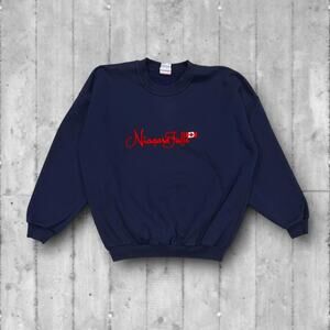 ★ Vintage Canada Niagara Falls Cityscape Embroidered Navy Blue Sweatshirt ★